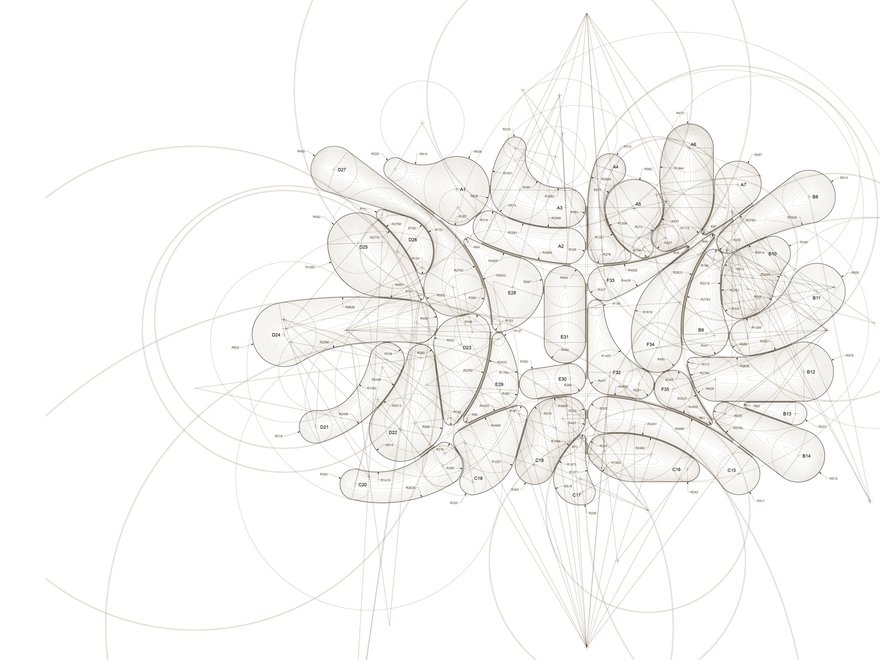 An abstract, organic-looking structure composed of interconnected, light-colored, rounded shapes resembling cells or bubbles, with faint, intricate lines and arcs extending outward on a light grey background.