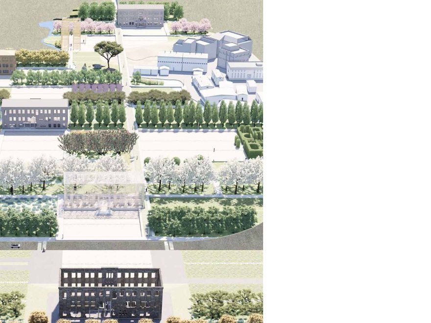 Model of a group of buildings interspersed with trees