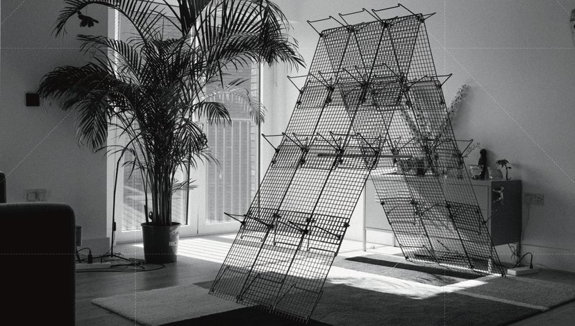 A black and white photo of a large, leafy potted plant next to a modular, A-frame structure made of wire mesh panels, set indoors.