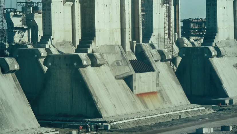 Close up of industrial construction of the Oostersheldekering Storm Surge Barrier in the Netherlands