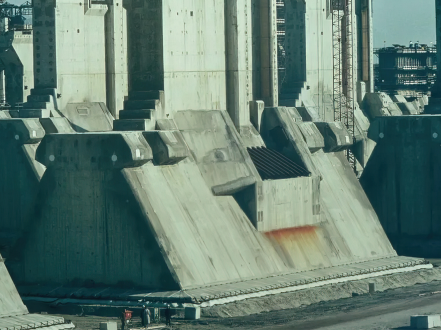 Close up of industrial construction of the Oostersheldekering Storm Surge Barrier in the Netherlands