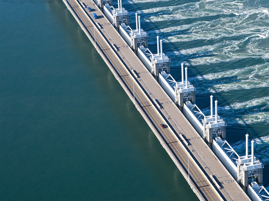 An aerial view of the Oosterscheldekering (Eastern Scheldt storm surge barrier) in the Netherlands