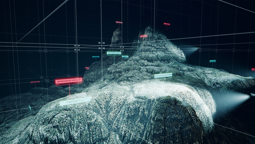 A digital representation of a mountainous or underwater landscape, potentially a 3D model, with a grid overlay and various highlighted points, some labeled "MANGAT".