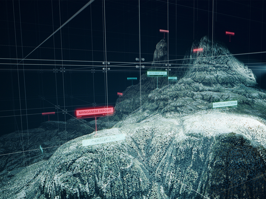 A digital representation of a mountainous or underwater landscape, potentially a 3D model, with a grid overlay and various highlighted points, some labeled "MANGAT".