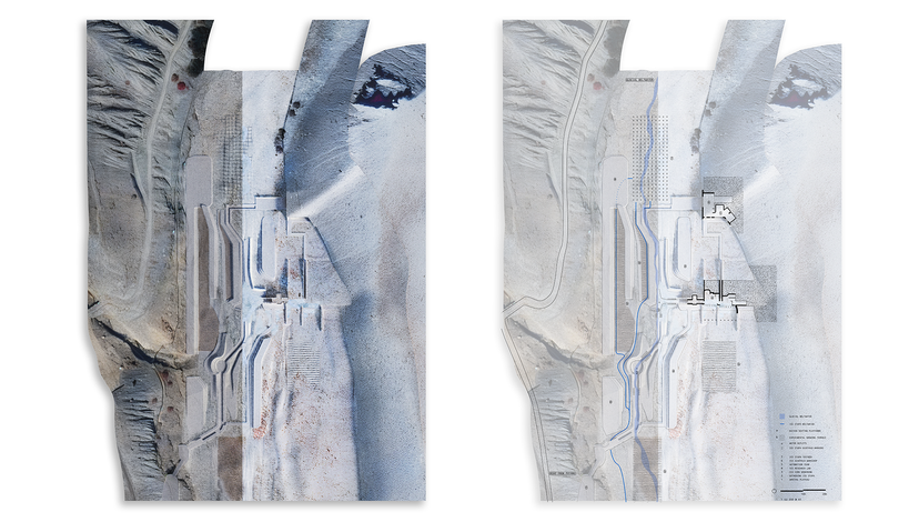 Two architectural drawings, likely from a student project, possibly related to urban planning or landscape design, given the topographical elements and suggested structures.