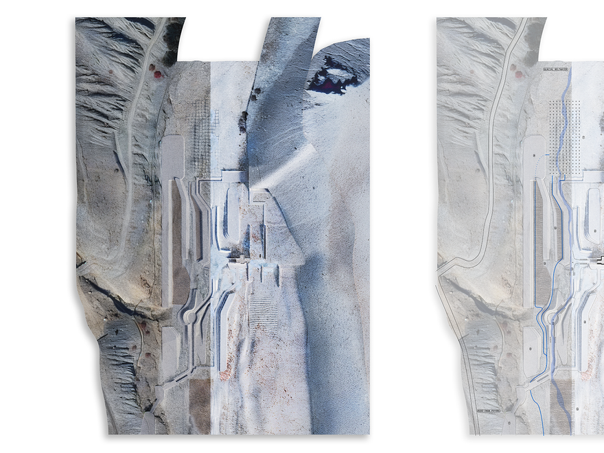 Two architectural drawings, likely from a student project, possibly related to urban planning or landscape design, given the topographical elements and suggested structures.