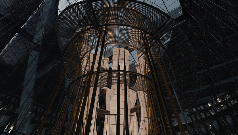 A low-angle, interior view of a modern, multi-story building featuring a central, cylindrical glass and metal structure, possibly an elevator shaft or atrium, surrounded by intricate metalwork and architectural details, with light filtering in from above.