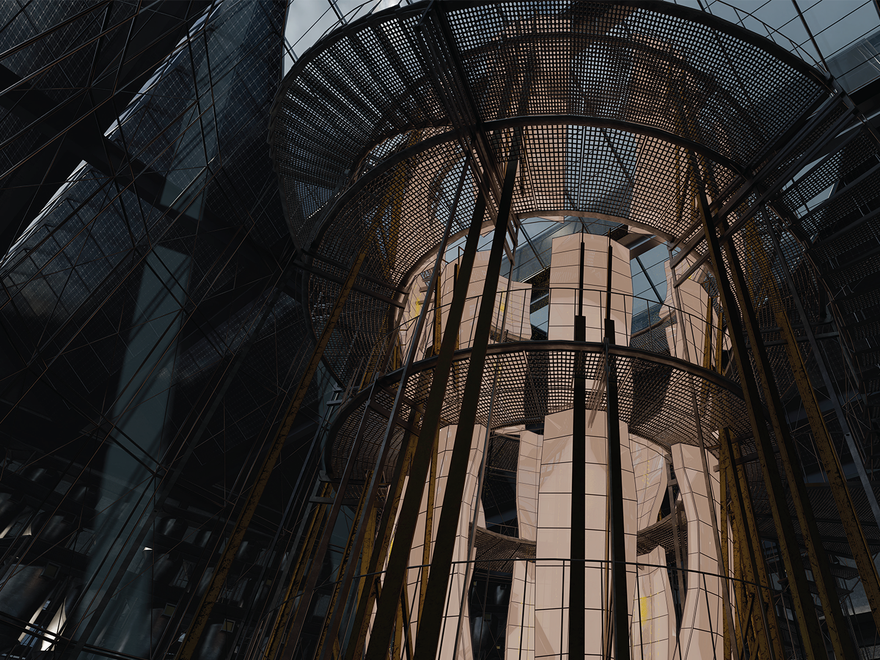 A low-angle, interior view of a modern, multi-story building featuring a central, cylindrical glass and metal structure, possibly an elevator shaft or atrium, surrounded by intricate metalwork and architectural details, with light filtering in from above.