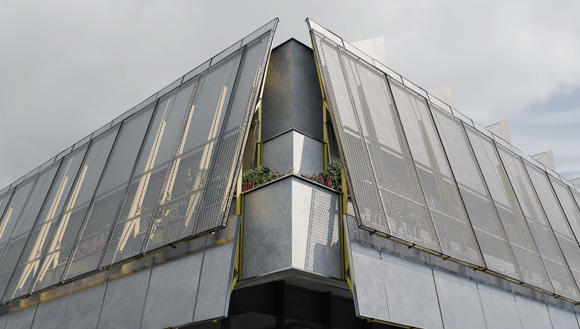 A low-angle, worm's-eye view of the sharp, angular corner of a modern building with a glass and metal facade under an overcast sky.