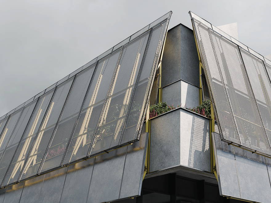 A low-angle, worm's-eye view of the sharp, angular corner of a modern building with a glass and metal facade under an overcast sky.