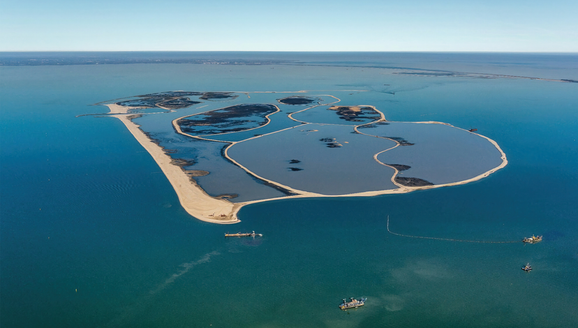 Aerial view of the Marker Wadden artificial archipelago in the Markermeer lake, Netherlands, showing multiple islands with varying shapes and water bodies.