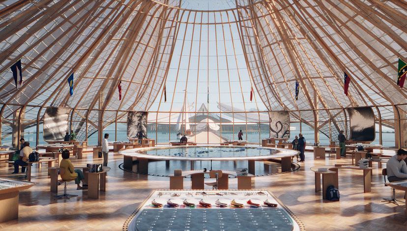 A bright, modern interior space with a high, domed glass and wooden roof structure, featuring a large circular table in the center and several smaller seating areas with people, all under natural light and with flags hanging from the ceiling structure.