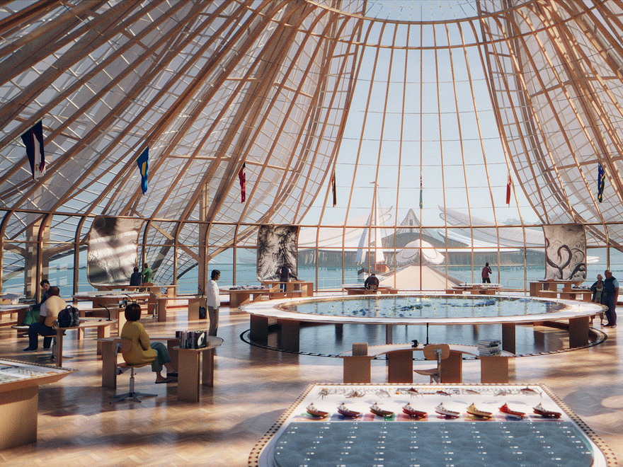 A bright, modern interior space with a high, domed glass and wooden roof structure, featuring a large circular table in the center and several smaller seating areas with people, all under natural light and with flags hanging from the ceiling structure.