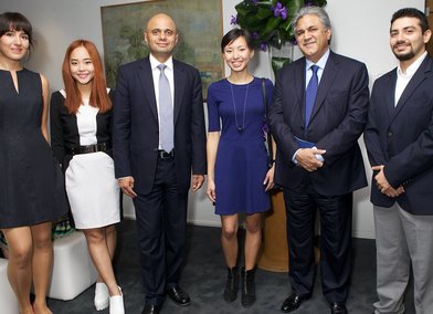 Abraaj Innovation Scholars Derya Adiyaman, Burachat Ratanasuwan, Ermina Takenova and Sheroy Katila with Arif Navqi and Sajid Javid MP