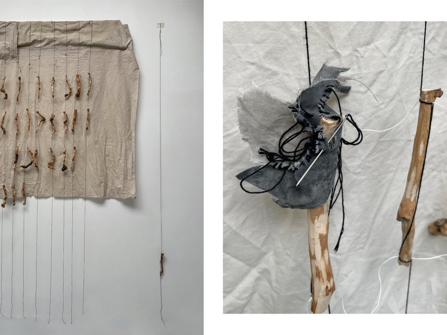 Contemporary art by Adriana Jaros, hanging pieces of wood and fabric