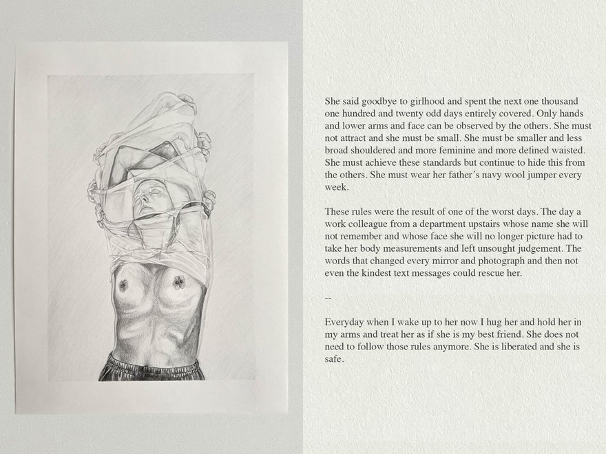 Artwork by Amelia Cross for RCA Summer School, titled She is safe. A sketched image of a woman removing her shirt with a prose poem beside.