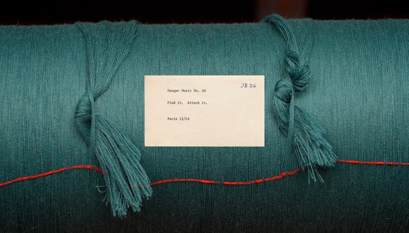 Still from 'An Auditory Arrow,' film-in-progress by Aura Satz, featuring a score by Dick Higgins (2026), courtesy of the artist.