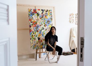 Anna Deller-Yee with The Gathering of the Clouds in her studio