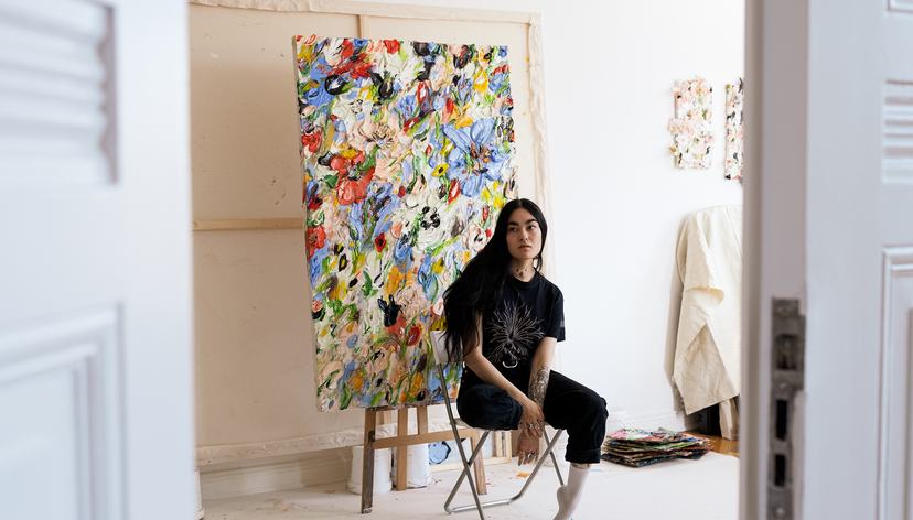 Anna Deller-Yee with The Gathering of the Clouds in her studio