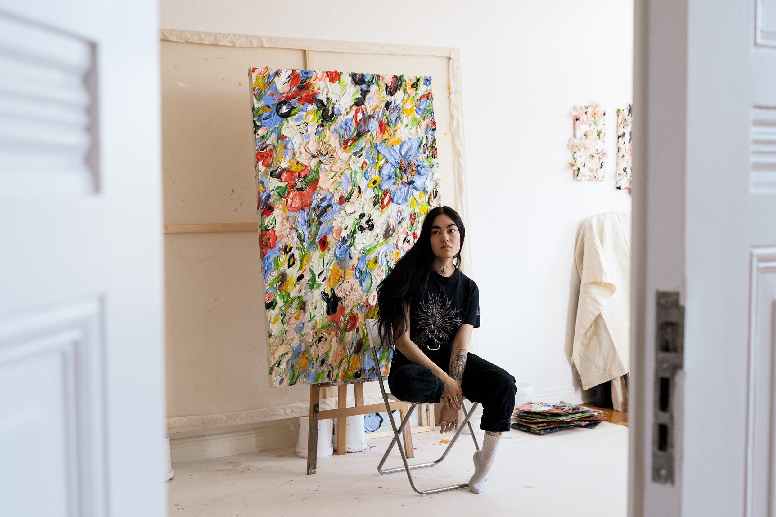 Anna Deller-Yee with The Gathering of the Clouds in her studio