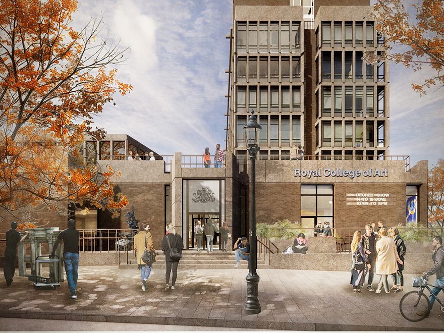 Architectural rendering of the Royal College of Art's main entrance, featuring a modern brick facade, stepped plaza with pedestrians, and a multi-story tower framed by autumn trees.