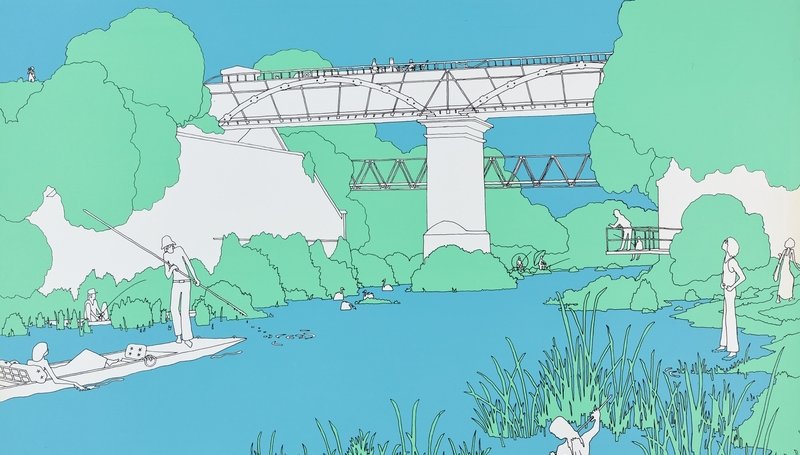 A color print depicting leisure and recreational activities around the Iron Trunk Aqueduct at Cosgrove/Wolverton, where the Grand Union Canal crosses the River Ouse.