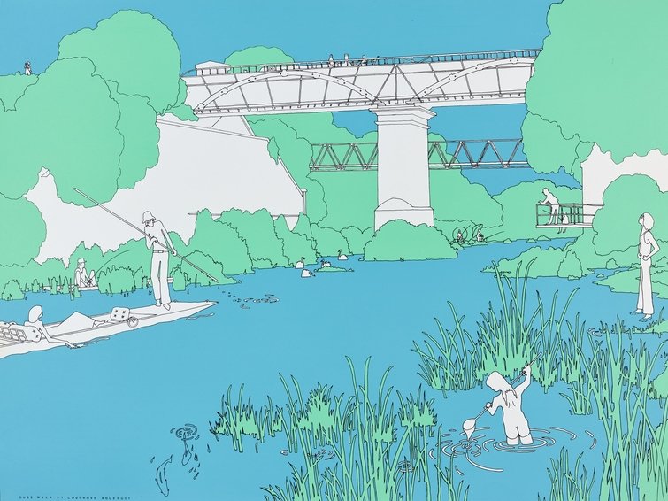 A color print depicting leisure and recreational activities around the Iron Trunk Aqueduct at Cosgrove/Wolverton, where the Grand Union Canal crosses the River Ouse.