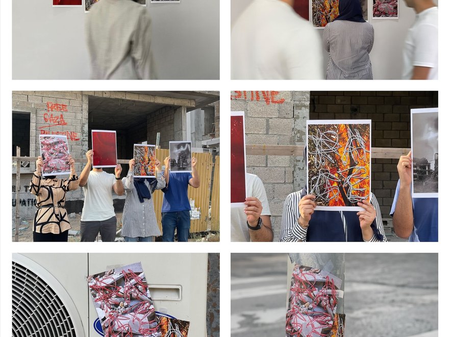 Six images of people looking at or holding artworks. The artworks are abstract and colourful