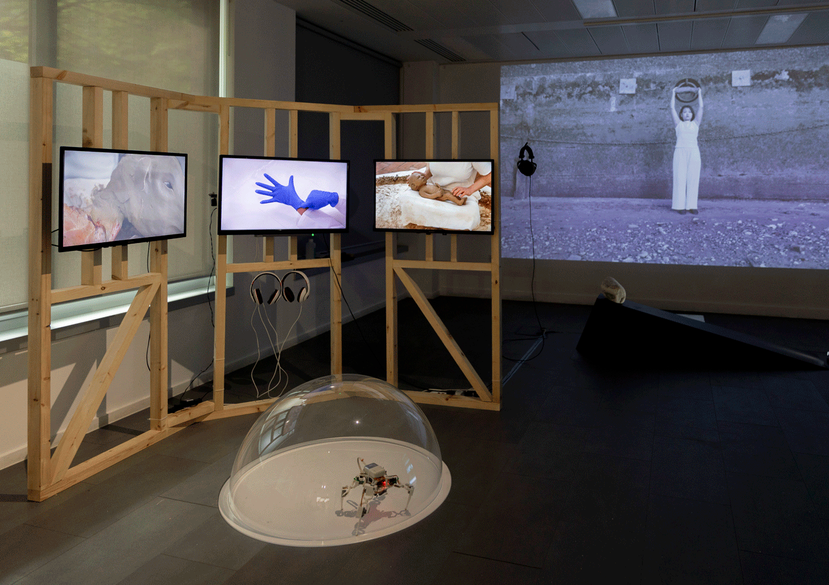 Before the Breath Arrives by Kimia Ghofrani (left) and Meeting with Your Boulder Yiran Liu (right) (both MA Information Experience Design, 2026). Photo: Sara Sahores.