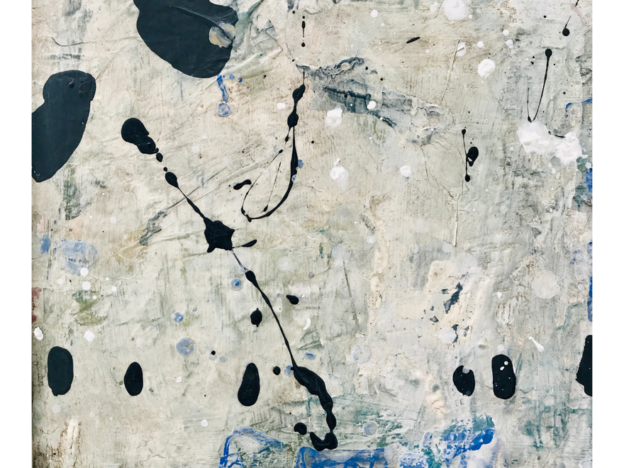 Contemporary artwork consisting of black, blue and white splotches of paint against a mottled greyish background