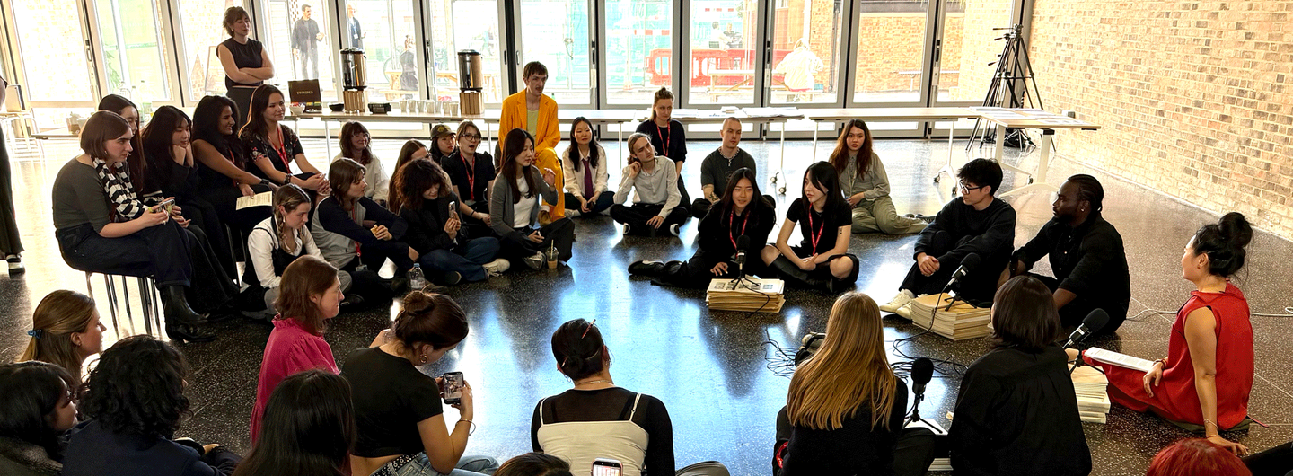 CCA students in conversation with artist Lynn Lu during the March Assembly 2026, during which seven student groups tested out aspects related to Unit 3: Curating in a Collaborative Context. Photo: Laura Valles Vilchez.