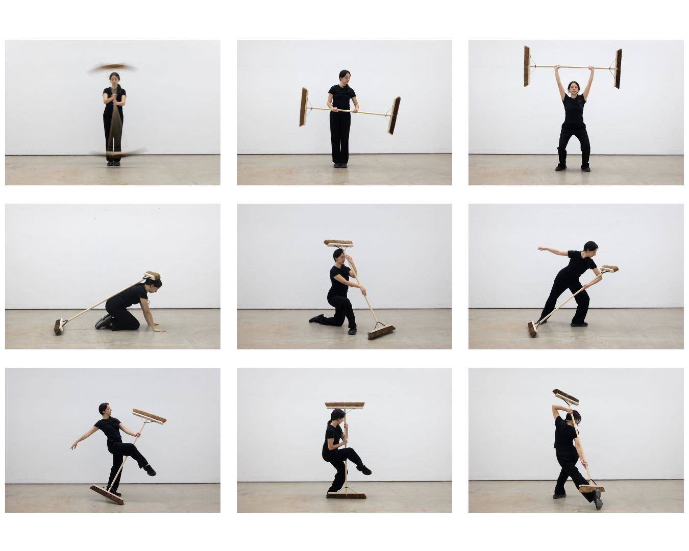 Ana María Chamucero From the series Sweepers (2024 - 2025):  Double sided broom: Variations (2025) Performance / Digital photography.  Image taken at: Bridge Studio, RCA Battersea.