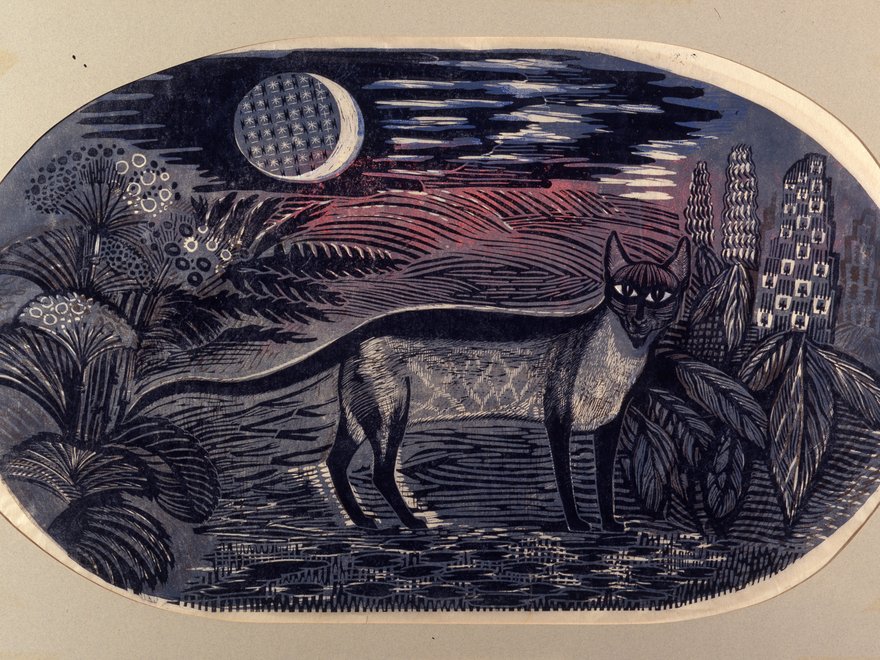 a wood cut drawing of a fox