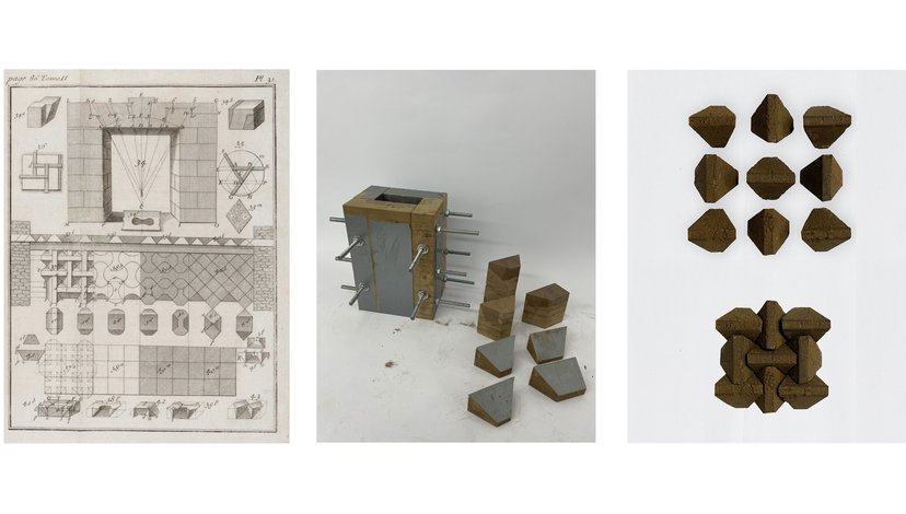 A triptych of images. The left image is an antique architectural blueprint or drawing. The middle image shows a physical model of a structure resembling a central block with attached and detached irregular stone-like pieces.