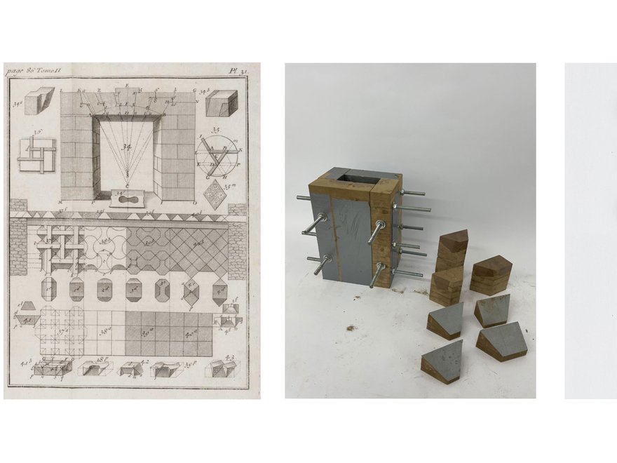 A triptych of images. The left image is an antique architectural blueprint or drawing. The middle image shows a physical model of a structure resembling a central block with attached and detached irregular stone-like pieces.