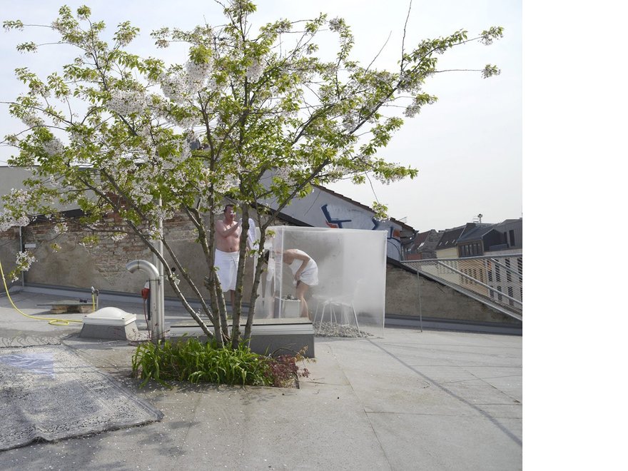 People using a sauna on a building rooftop