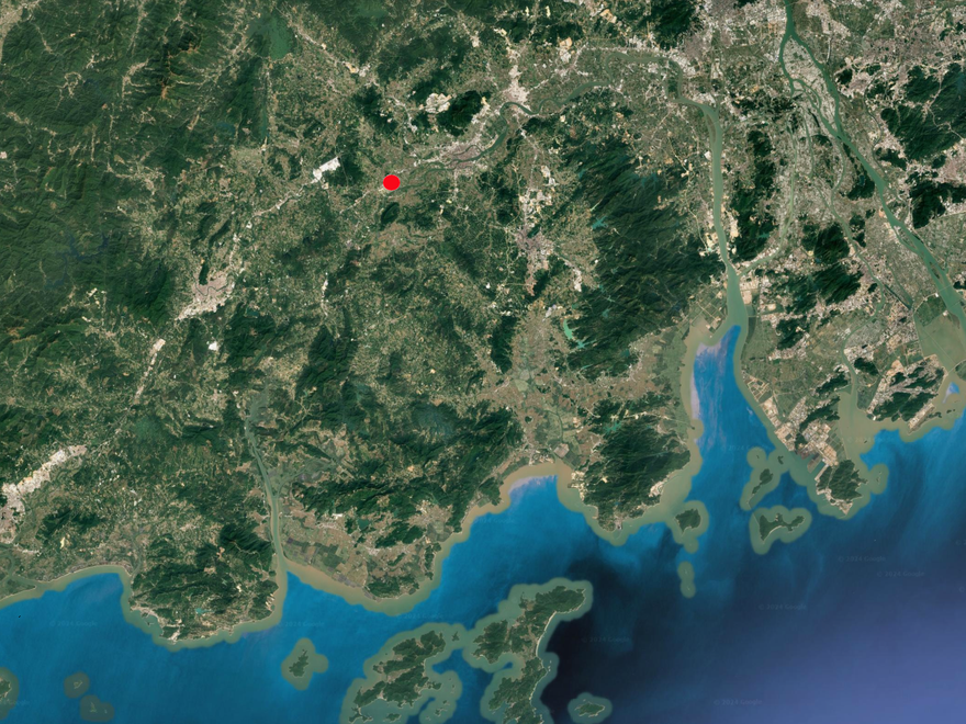 Aerial view showing the location of the historic town of Chikan, Guandong Province, China.