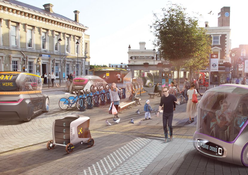 Driverless Futures: A future interchange based around a variety of driverless vehicles by designers and researchers from The Helen Hamlyn Centre for Design and the Intelligent Mobility Design Centre.