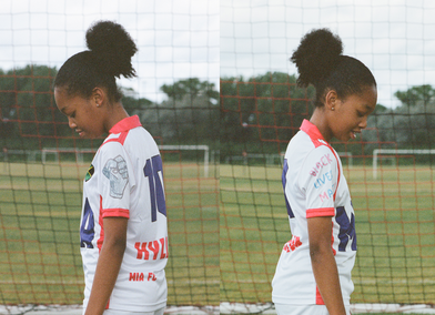 In two images, a girl poses on a football pitch to show a football shirt decorated with slogans such as Black Lives Matter