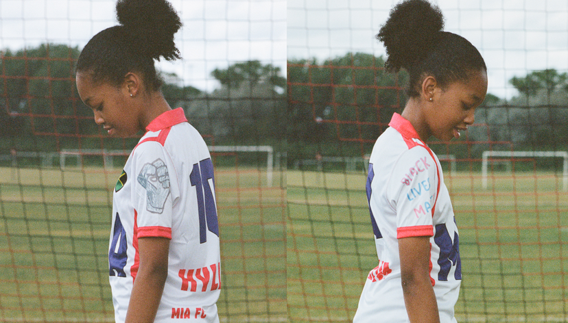 In two images, a girl poses on a football pitch to show a football shirt decorated with slogans such as Black Lives Matter