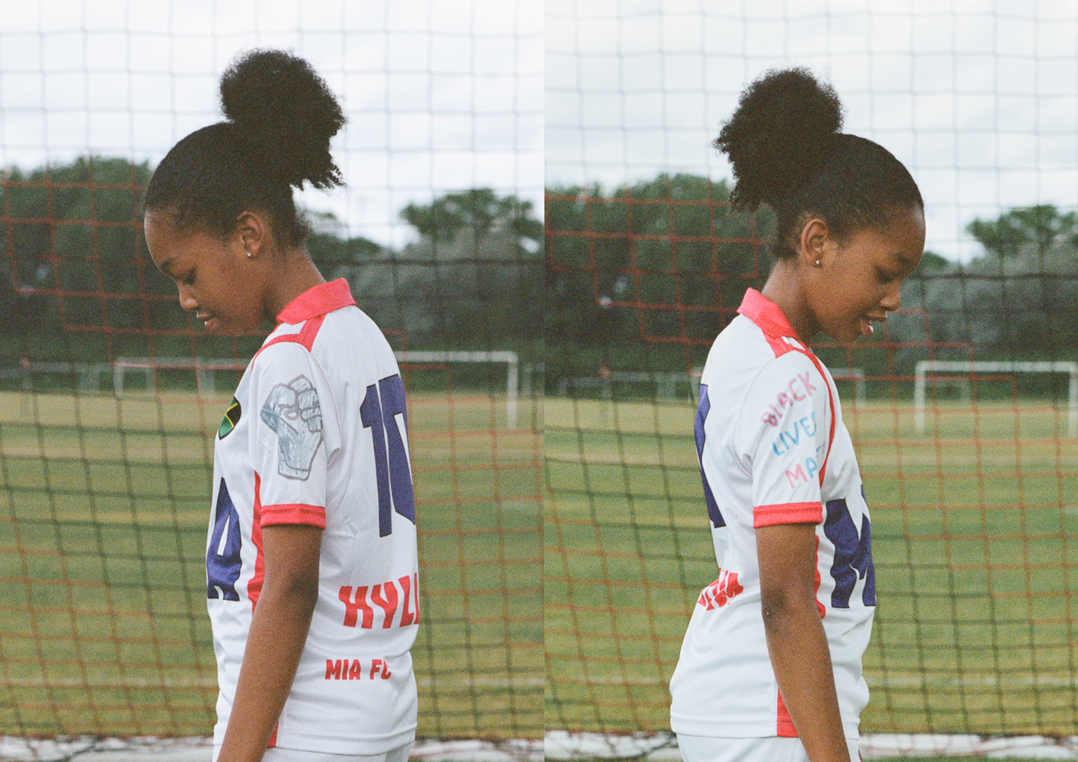In two images, a girl poses on a football pitch to show a football shirt decorated with slogans such as Black Lives Matter