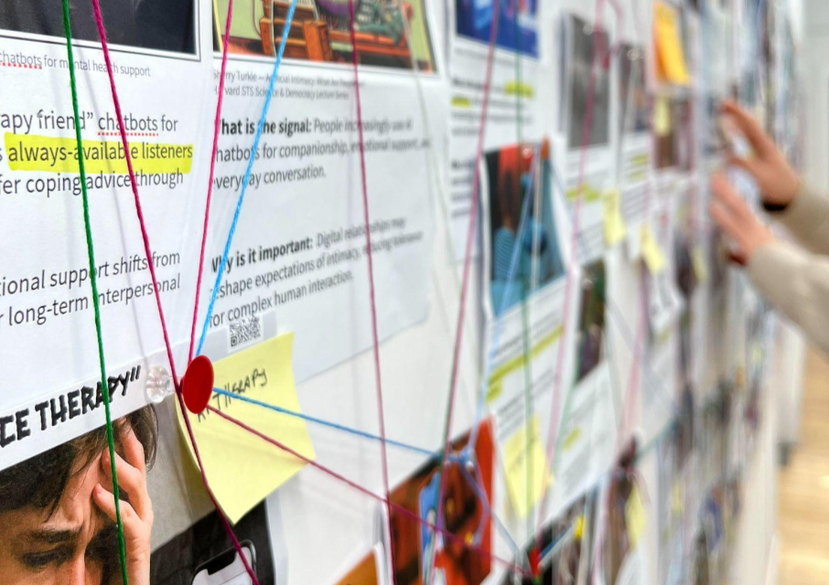 In the IRP Proposal Unit, students engaged in a hands on, collaborative exercise focused on signal spotting and trend analysis. Large boards displayed early signals collected by MDes Design Futures students, which were later clustered into trends to shape