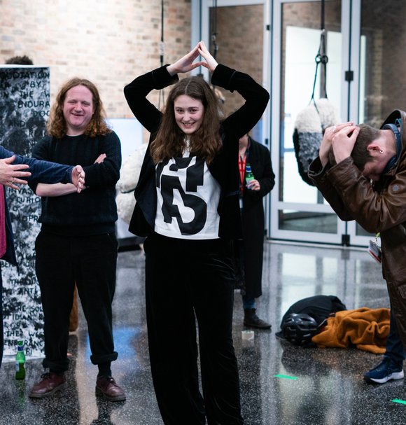 Performance led by Communications PhD student Laura Boutros at the RCA Research Biennale