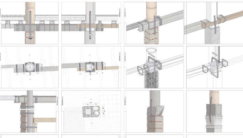 A grid of twelve detailed architectural or structural diagrams illustrating various construction components, connections, and assembly details, including cross-sections and plan views of elements like columns, beams, and joinery.