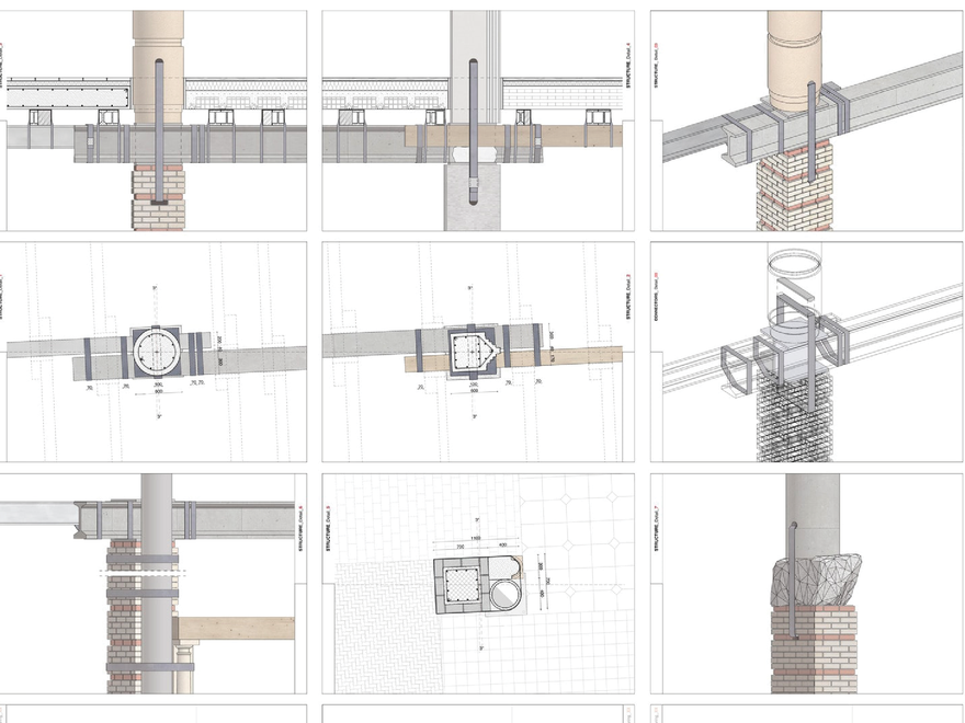 A grid of twelve detailed architectural or structural diagrams illustrating various construction components, connections, and assembly details, including cross-sections and plan views of elements like columns, beams, and joinery.