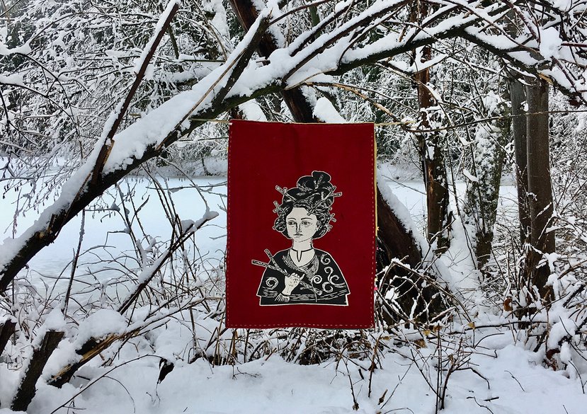 Deep Wood Woman, Fabric banner, One Mile Lake, BC, Canada