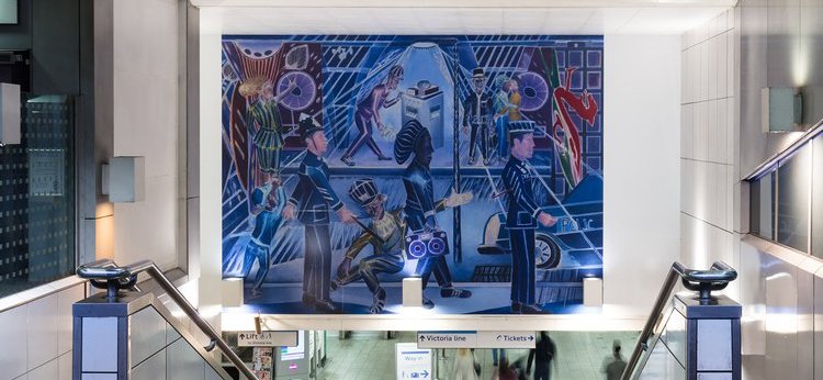 Brixton Blue, Denzil Forrester, 2018 Commissioned by Art on the Underground, London © Denzil Forrester. Courtesy of the artist and Stephen Friedman Gallery, London | Photographer: Angus Mill