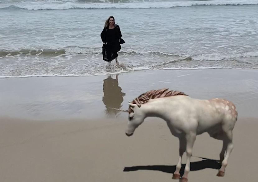 Elaine Pollen, beach scene with unicorn, 2023