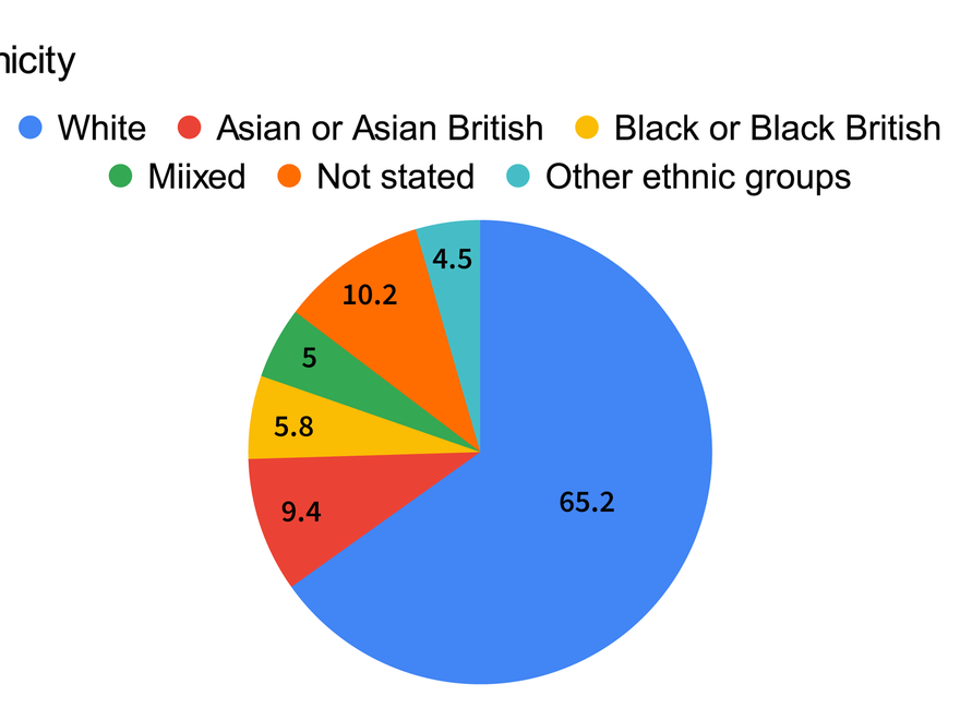 A pie chart showing staff ethnicity at the RCA: 65.2% White; 9.4% Asian or Asian British; 5.8% Black or Black British; 5% Mixed; 10.2% Not stated; 4.5% Other ethnic groups