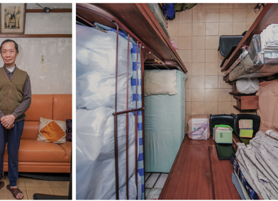 Project participant in his home in Hong Kong alongside an overhead shot of his apartment